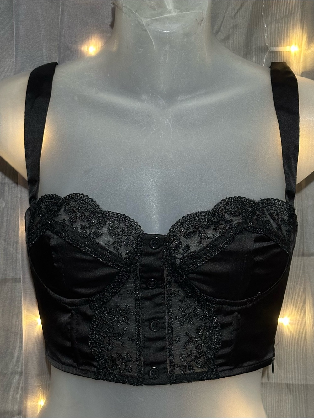 princess polly leonara black lace trim button up bustier cropped Sz 0